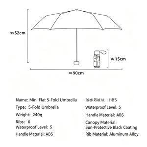 Parasol de soleil à 6 baleines avec étui, protection UV, léger, compact, pliable, pour la pluie et le soleil, avec pochette zippée - Product Image 3