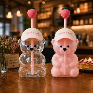 2026 Hot Sale Cute Strawberry <strong>Straw</strong> Cartoon Teddy Bear <strong>Cup</strong> <strong>with</strong> <strong>Lid</strong> High Borosilicate Glass Transparent Coffee <strong>Cups</strong> - Product Image 2