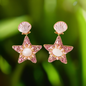 Boucles d'oreilles pendantes tendance en forme d'étoile, avec cristaux roses, perles et coquillages, en acier inoxydable plaqué or, durables et résistantes - Product Image 3