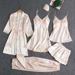 Ensemble de lingerie sexy en dentelle et soie satinée pour femmes, 5 pièces, avec coussinets de poitrine, <span class=keywords><strong>pyjama</strong></span> de mariée ou de <span class=keywords><strong>demoiselle</strong></span> <span class=keywords><strong>d</strong></span>'<span class=keywords><strong>honneur</strong></span> - Product Image 5