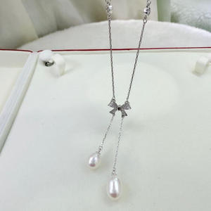 Collar de Perlas de Agua Dulce de 8-9 mm de Zhuji, Plata Pura con Doble Lazo Francés, Elegante Collar de Perlas de Agua Dulce - Product Image 3