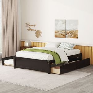Lit double contemporain en bois massif avec lit gigogne simple et deux tiroirs, design moderne, cadre de lit avec rangement - Product Image 6