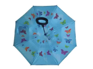 Parapluie de pluie inversé à double poignée en C coupe-vent en tissu de fibre de verre imprimé de logo personnalisé en gros