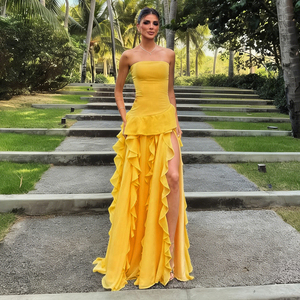 Yellow Strapless Ruched Ruffle High Slit Formal Evening Dress, Elegant A-line Long Maxi Casual Dress for Party & Beach Vacation - Product Image 5
