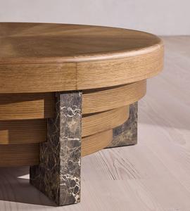 Custom <b>Round</b> Oak <b>Coffee</b> <b>Table</b>, Star‑Burst Wood Veneer Top <b>Marble</b> Leg Layered Design Center <b>Table</b> for Living Room Villa - Product Image 5