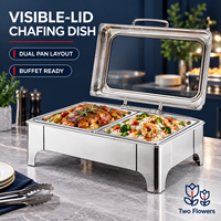 Chafing Dish Klasik Stainless Steel dengan Tutup Engsel Transparan, Dua Panci Persegi Panjang, untuk Hotel, Restoran, dan Katering (untuk dua orang)