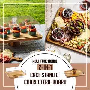 Solid Wood Cake Stand Rectangular Acacia Wood With Acrylic Top Cover Multi-functional Home Decor Wooden Cake Stand