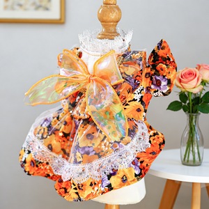Pet <b>Clothes</b> For Dogs And <b>Cats</b> Orange Blossom Floral Dress With Lace Trim Cute Pet Dress Small Dog Puppy Outfit - Product Image 1