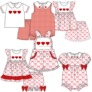 2025年バレンタインデー子供服セットカスタム弓プリント女の子ドレスブティックハート刺繍フリル幼児用女の子ドレス - Product Image 1