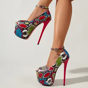 로마 플랫폼 들여다 발가락 토템 혼합 색상 펌프 패션 특허 가죽 발목 스트랩 얇은 뒤꿈치 파티 버클 로즈 레드 여성 신발