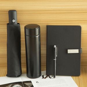 Ensemble cadeau promotionnel personnalisé : carnet en cuir, stylo métallique, parapluie compact, thermos, lampe torche - Product Image 2