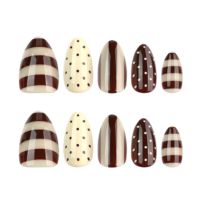 Kuku Palsu Cokelat Krem Motif Garis Polkadot Pendek Oval Pola Campuran Seni Kuku Nyaman untuk Dipakai Sehari-hari Tips Manikur 4535