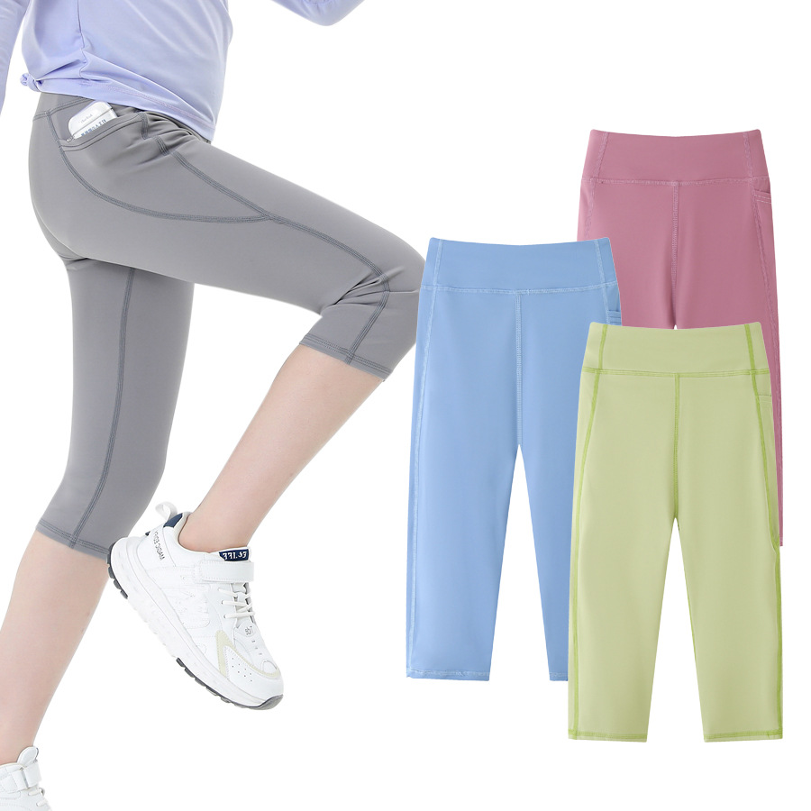 2025 CT00006 6 Colors Girls' 7/8-length Shark Leggings Summer Style with Side Pockets Sporty Child Yoga Fitness Leggings Pants