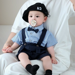 Ensemble d'été pour enfants, garçons et filles, chemise à manches courtes et pantalon à bretelles, deux pièces en coton rayé et à carreaux, pour bébés de 100 jours - Product Image 4