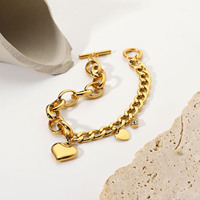 Chaîne à maillons cubains, Double cœur avec pendentif en Zircon, fermoir OT, Bracelet en acier inoxydable