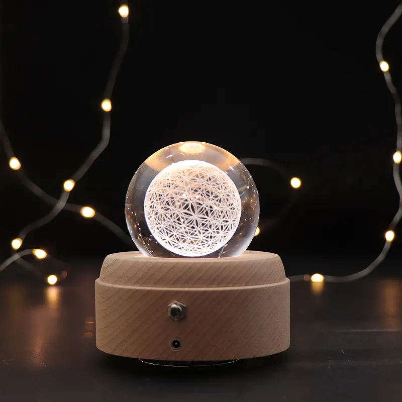 Wood Night Lamp Electronic Gift 3D Crystal Ball Night Light Led Wood Base Bedside Lamp With Music Box Mood Lamp For Girls