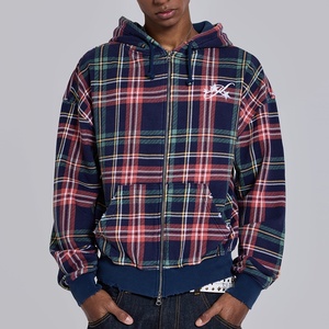 Sweat à capuche zippé pour homme, coupe ample, en polaire de haute qualité, avec logo personnalisé OEM, motif écossais vintage, épaules tombantes et ourlet vieilli - Product Image 1