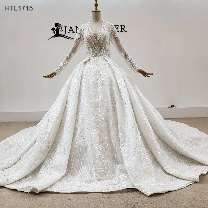 Jancember HTL1715 V Neck Long Sleeve Beading Luxury Hot Sale Wedding Dress