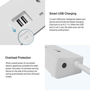 Enchufe de Corriente del Reino Unido de <span class=keywords><strong>3</strong></span> Tomas con Interruptor Independiente, Obturador de Seguridad, 2 Puertos USB, Protección Contra Sobrecargas, Cubierta Deslizante, Diseño de Base Biselada - Product Image 5
