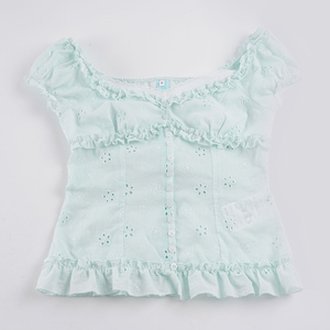 Blusa de Doble Capa con Cuello en V y Encaje, Manga Abullonada, Cintura Ajustada, Estilo Fresco, Puro, Sexy y Dulce, con Botones al Frente, Informal - Product Image 6