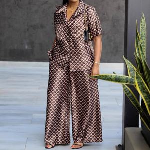 Женский костюм с воротником «гусиная лапка», рубашка с коротким рукавом, топ и повседневные брюки, комплект из двух предметов, модный Африканский комплект - Product Image 3