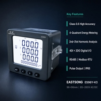 Medidor de Energía para Panel de Distribución EastSong ES96Y/K3, 91x91mm, Trifásico, Clase 0.5, Armónicos, RS485, Modbus, LCD, 4DI+2DO, IP65, 0.2%