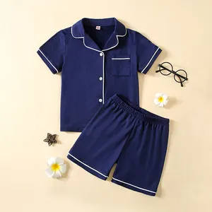 Conjunto de pijama infantil de bambu para meninas, pijama curto de verão para meninas, botão de encadernação e contraste