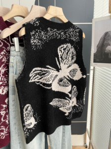 Chaleco de punto jacquard con estampado animal y cuello redondo para mujer, negro, sin mangas, transpirable, holgado, informal, para otoño, top sin mangas para combinar en capas - Product Image 4