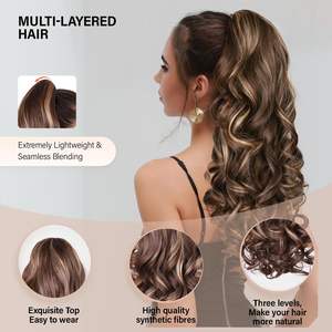 Extensiones de Cola de Caballo con Clip de 24 Pulgadas para Mujer, Fibra Sintética, Rizadas, Onduladas, en Capas, Color <span class=keywords><strong>Castaño</strong></span> <span class=keywords><strong>Dorado</strong></span> - Product Image 3
