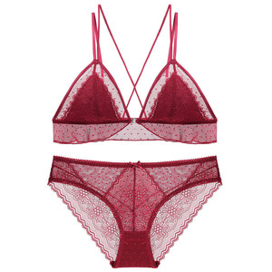 Ensemble de lingerie sexy avec soutien-gorge à boutons avant, dos en dentelle, col en V, bonnets triangulaires ultra-fins sans armatures - Product Image 3