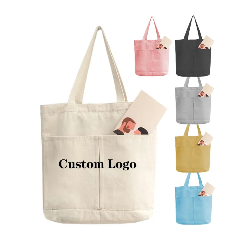 Cotton Printed Bag Manufacturer OEM Outside Pocket Canvas Cotton Shopping Bag Blank Canvas Tote Bags With Printed Custom Logo