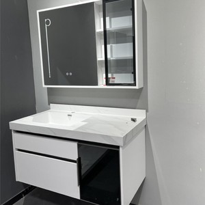 White Solid Wood Bathroom <b>Vanity</b> Ceramic Integrated Basin Smart <b>Mirror</b> Cabinet With Tricolor <b>Light</b> - Product Image 3