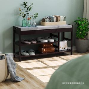 Bamboo Shoe Bench With <b>Cushioned</b> Seat And <b>Storage</b> Space For Entryway Vintage Style Reddish Brown - Product Image 2