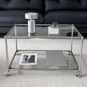 Modern Glass Coffee Table <b>Square</b> Stainless Steel Frame With Wheels Living Room Furniture - Product Image 2