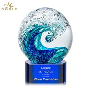 Noble Manufacturer Blue Waves Crystal Art Glass Sports Gift Custom Bespoke Logo Rowing Trophy Awards Craft
