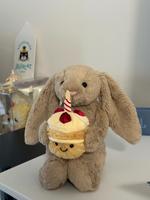 Jellcatt UK Bashful Bunny Peluche Lapin Mignon aux Longues Oreilles Tenant un Cupcake d'Anniversaire, Cadeau
