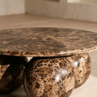 Table basse circulaire moderne en marbre brun naturel personnalisé, base sphérique polie, mobilier d'intérieur de luxe écologique