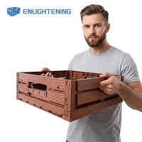 Caisse de rangement pliable en plastique à texture bois, ventilée et empilable, pour produits frais de supermarché