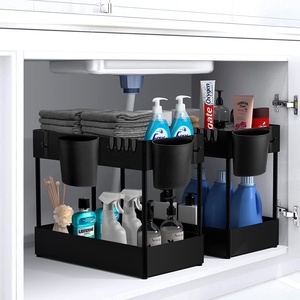 Undersink Organizer untuk kamar mandi & dapur rak penyimpanan Pull-out dengan bantalan anti-selip & kait 2 tingkat multifungsi kantor - Product Image 1