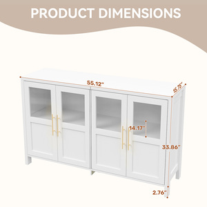 Armoire de rangement moderne en bois massif à 4 portes avec portes en verre et poignées dorées pour salon et salle à manger - Product Image 6