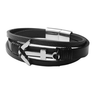 Anchor <b>Leather</b> <b>Bracelet</b> Black Stainless Steel Men's Gift Jewelry - Product Image 1