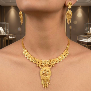 Supreme Quality Women's Solid Gold <b>Floral</b> <b>Box</b> Chain Necklace Classic Wedding Jewelry Set with Matching Earrings - Product Image 3