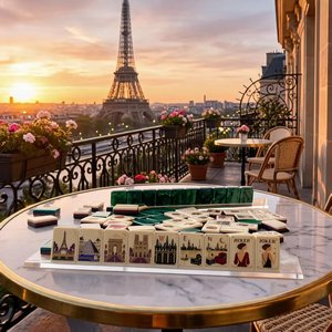Nouvel ensemble de Mahjong américain vert de luxe créatif 2026 avec 160 tuiles sur le thème des monuments de Paris, <span class=keywords><strong>Tour</strong></span> <span class=keywords><strong>Eiffel</strong></span> personnalisée, en stock et prêt à être expédié - Product Image 1