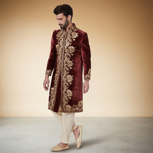 HEAVY ZARI EMBROIDERY on STYLISH GROOM MAROON SHERWANI,<b>PANT</b> & MATCHING SHOE WITH Men's Suits & Blazer>Men's Suits - Product Image 5
