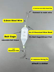 Cesta ajustable para cebo de pesca, alimentador tipo cohete, soporte para señuelos de pesca en barco y pesca en roca, con eslabón giratorio y gránulos luminosos. - Product Image 3