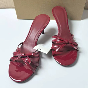 New Arrival Bowknot <b>Red</b> Patent Leather Stiletto Mules - Women's <b>Heeled</b> Slide Sandals Shoes - Product Image 1