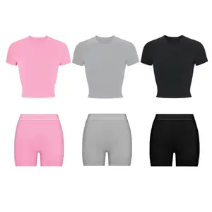 ready to ship products pajamas ribbed t-shirt boxer shorts lounge wear 2 two piece set Summer for women clothing pijamas mujer