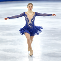 Robe de patinage et de danse bleu roi, col en V, manches longues en maille nude, dos profond en V orné de strass, pour enfants et adultes, compétition et performance