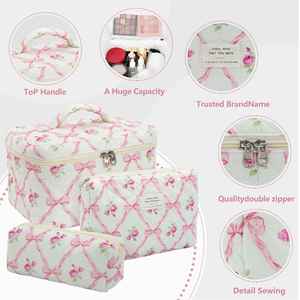 Women Cosmetic Bag Quilted Floral Makeup Organizer Travel Toiletry Bag <b>Large</b> Capacity Storage Pouch Wholesale - Product Image 4