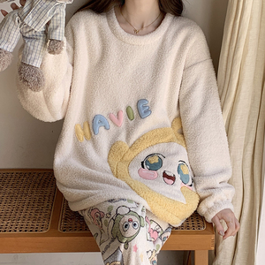 Pijama setleri kış yarım kadife 280g pijama kadın uzun kollu kazak sevimli yastıklı pijama takım ev giysileri - Product Image 3